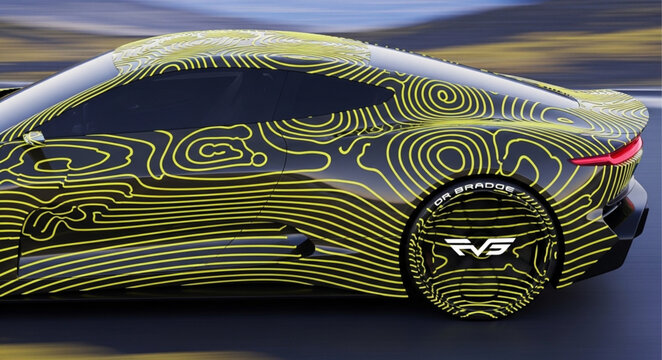 Camouflaged prototype coupe with topographic stripe wrap.