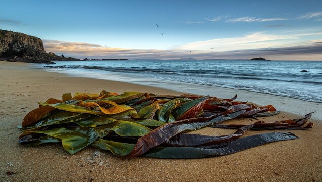 Tide brought kelp to the shore of the Sea of Okhotsk.