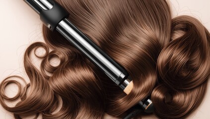Naklejka premium Top view of a curling iron and glossy brown hair.
