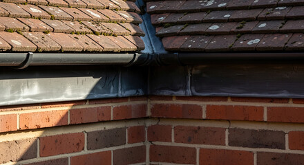 Naklejka premium Close-up of roof corner featuring red brick wall gray gutters and brown roof tiles covered with moss creating a textured outdoor building exterior