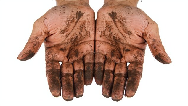 Detailed shot of a diligent individual with soiled hands raised against a white backdrop.