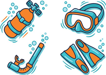 Scuba Diving Equipment Icons - Oxygen Tank, Diving Mask, Snorkel, and Flippers  © Setelar