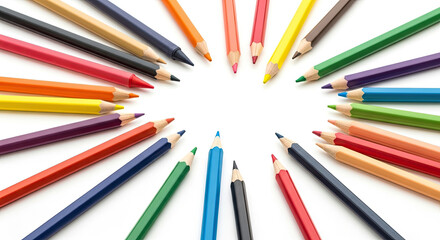 Fototapeta premium Colorful wooden pencils arranged in circle on white backdrop offer creative resource for art design projects; bright saturated colors add vibrancy