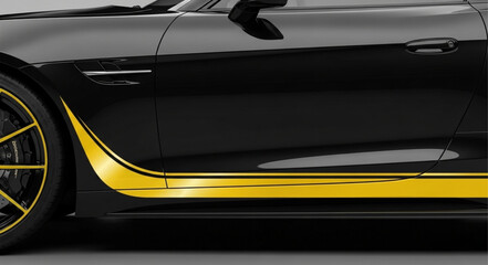 Fototapeta premium Black sports car side panel with yellow stripe.