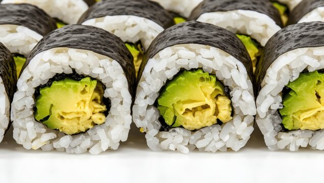 Detailed view of vegetarian maki rolls with avocado, wrapped in rice and nori, set against a white background. Common Japanese snack.