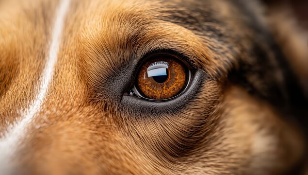 Close-up of a mixed breed dog's brown eye gazing affectionately at its owner, macro shot with empty space.