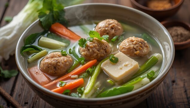 Homemade clear broth with tofu, minced pork, vegetable, and Thai meatballs. Thai dish known as kang jued tao hoo moo sab.