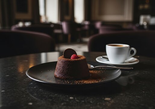 A chocolate dessert with a raspberry on top and a cup of coffee