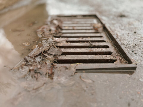 Une plaque d'&eacute;gout au milieu de la route, d'o&ugrave; s'&eacute;coule de l'eau. Mise au point s&eacute;lective.