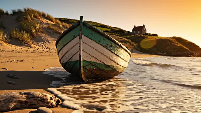 Beached Boat on Sandy Shore at Sunset