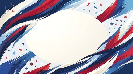 Obraz premium Dynamic Abstract Red White and Blue Brush Stroke Background with Festive Confetti Elements and a Central Blank Frame for Celebration Designs