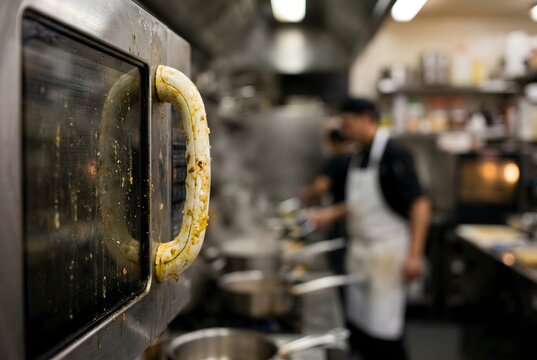 Photorealistic macro shot of a commercial microwave handle coated in sticky grease