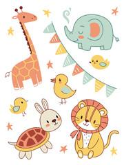 Naklejka premium Hand drawn cute animal collection for nursery wall art and kids party stationery design