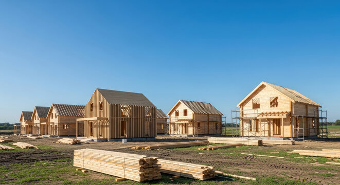 Row of new homes under construction in residential neighborhood on clear sunny day; wooden framing against blue sky