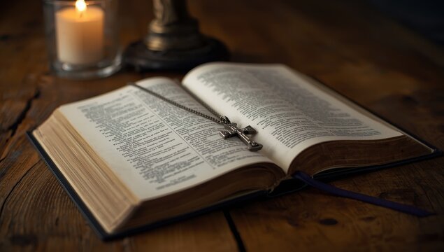 Necklace with metal cross on an open book, blurred focus, idea for Christian priests' Bible study.