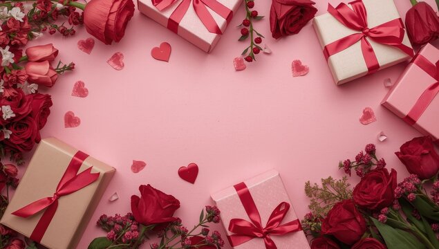 Gift boxes for Valentine's Day, adorned with red blooms and heart motifs on a pink backdrop. Romantic theme. Flat lay, overhead view, blank space.