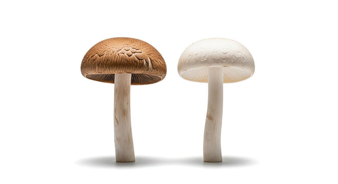 Pair of agaricus bisporus mushrooms one cremini and one white button cultivated and standing upright on a plain white surface