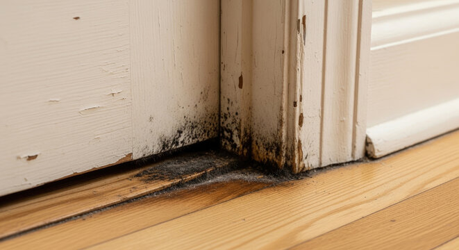 Close-up of water damage and black mold growth at the base of a white painted wooden door frame on wood floor