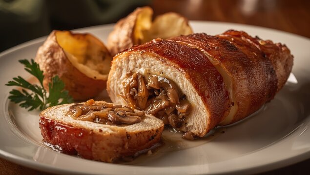 Bacon-wrapped chicken breast filled with mushrooms, onions, and cheese, accompanied by baked potatoes.