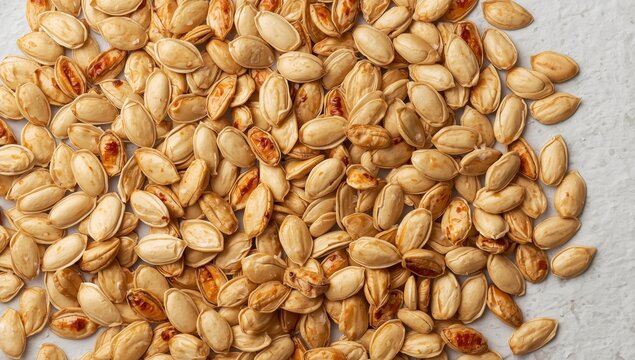 Roasted and salted pumpkin seeds. Dried seeds. Close-up of seeds backdrop. Culinary background, overhead view.