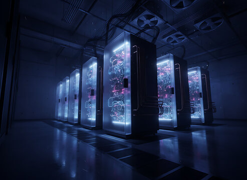 futuristic data center with glowing blue server racks in dimly lit room