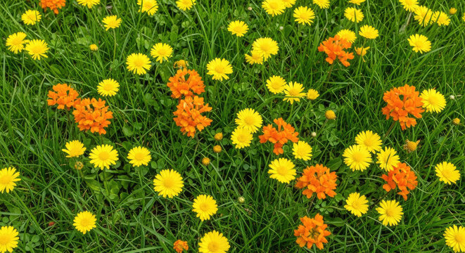 Meadow filled with vibrant orange milkwort and yellow dandelions in spring sunshine creating a cheerful floral landscape