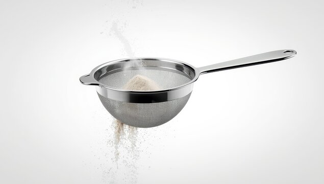 isolated metal flour sifter on white backdrop