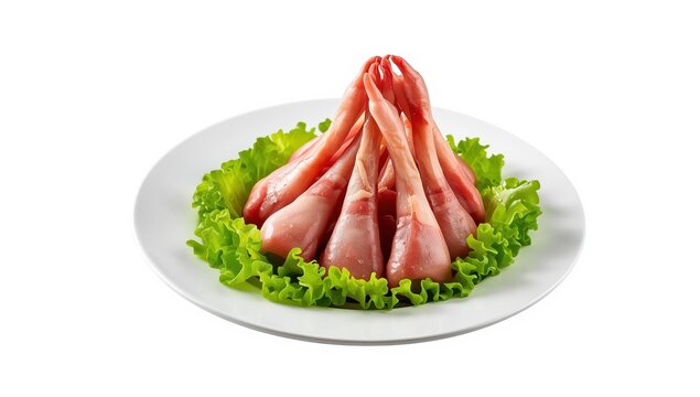 Raw pig trotters displayed on a plate with lettuce against a white backdrop, ideal for food photography.