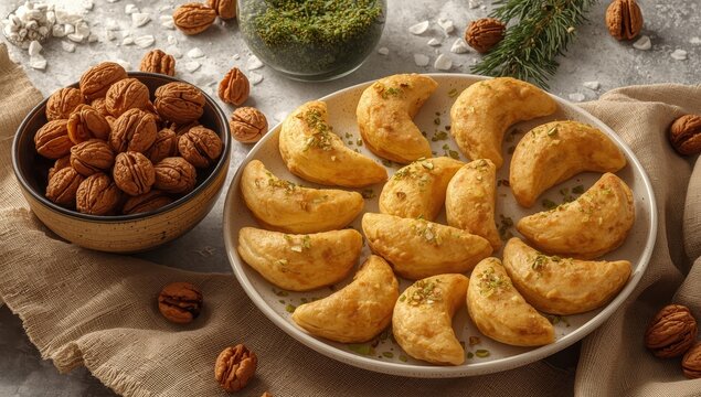 A dish of Qatayef for Ramadan, stuffed and garnished with pistachios, alongside a bowl of walnuts and a sugar syrup jar against a light backdrop.