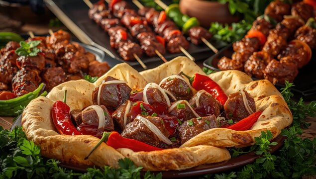 Renowned Urfa liver, ciger in lavash with roasted chili, onion, and sauce in Sanliurfa, Turkey. Grilled lamb skewer, beef tenderloin, minced meat skewer, lamb chop. Mixed kebab.