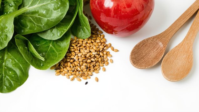 Close-up of spinach, pumpkin seeds, sesame, apple, and two wooden spoons on a white surface; related to anemia.