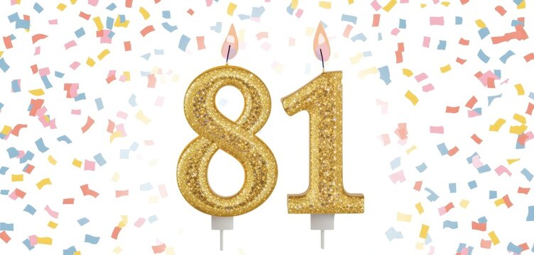 Card for 81st birthday featuring golden candles on a pastel confetti backdrop. Celebrating a milestone anniversary and birthday. Space for text.