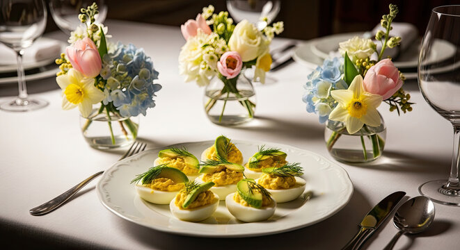 Deviled eggs garnished with avocado slices on a white plate a floral centerpiece creates a sophisticated appetizer presentation