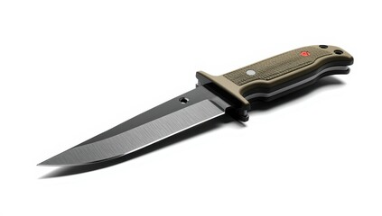 Obraz premium A detailed shot of a military knife featuring a black blade and green handle, set against a white backdrop. Horizontal black and white image from top to bottom.