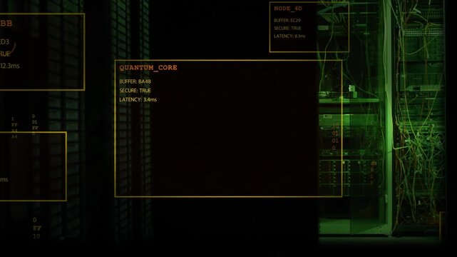 QUANTUM_CORE window expanding in server room as nodes appear, confirming buffer and network latency