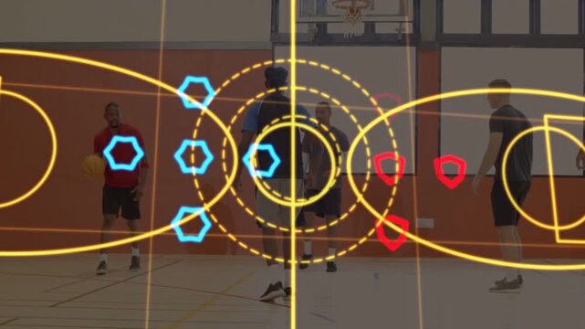Five-man team shifting on court, handler starting sports HUD for coaches showing hex shield markers