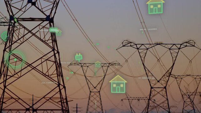 Grid towers receiving data feed, showing green icons shifting along lines visualizing power flow