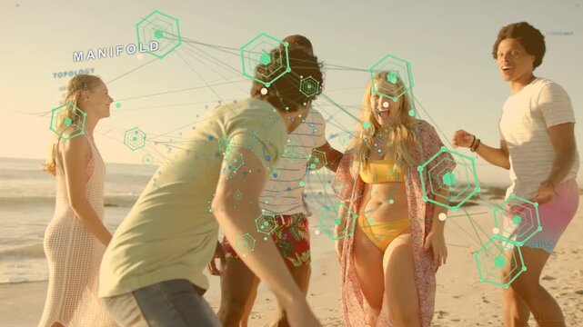 Six friends are gathering on golden-hour beach in flat design, showing MANIFOLD HUD hexagons