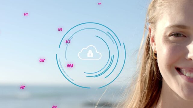Woman standing at shore smiling, tilting head as HUD rings forming around cloud-lock for security