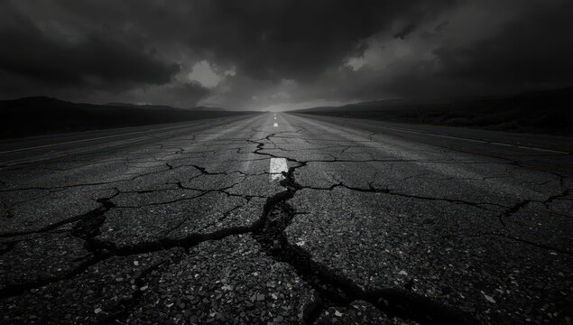 A close-up black-and-white view of a worn asphalt road leading to a shadowy horizon, displaying a rough texture with slight grayscale differences.