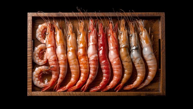 Fresh raw langoustines and shrimp on a wooden platter against a dark backdrop. Aerial perspective.