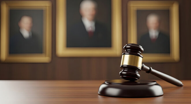 Gavel resting on sounding block with portraits of judges in gold frames courtroom law and justice concept dark wood grain table