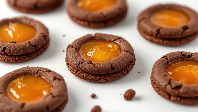 orange jam-filled chocolate cookies on white background