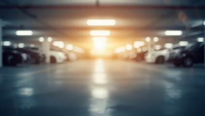Fototapeta premium Fuzzy parking garage backdrop with indistinct building interior and bright bokeh for vehicle safety and insurance.