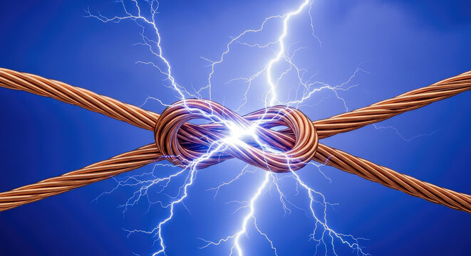 Twisted copper wires connected with strong electric current lightning bolts around electrical knot on a blue background dangerous connection