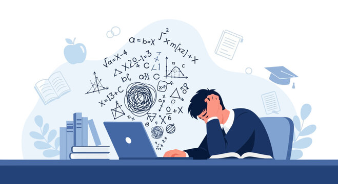 Stressed student struggling with math homework on laptop, overwhelmed by complex formulas
