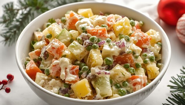 Close-up of a bowl of salad with vegetables and egg, dressed in mayonnaise, on a white table.