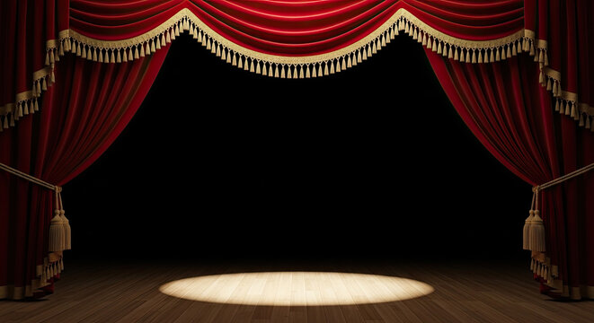 Red velvet theater curtains with gold fringe and tassels dramatic stage lighting classic performance arts presentation luxurious and elegant design