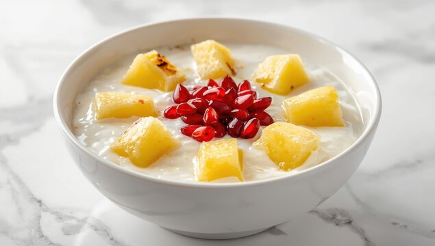 Detailed view of pineapple yogurt raita topped with a pineapple chunk and pomegranate, presented in a white bowl on a light granite surface.