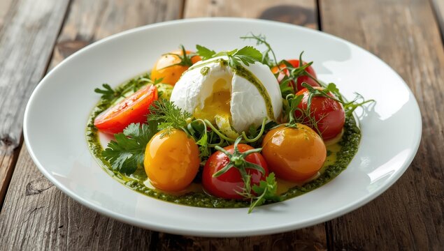 Plate of salad featuring Buratta cheese, tomatoes, parsley, dill, and pesto on a white background. Close-up view.